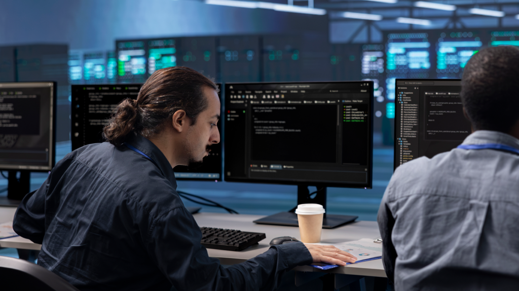 Equipo de ciberseguridad estudiando la seguridad de un cliente en su puesto de trabajo